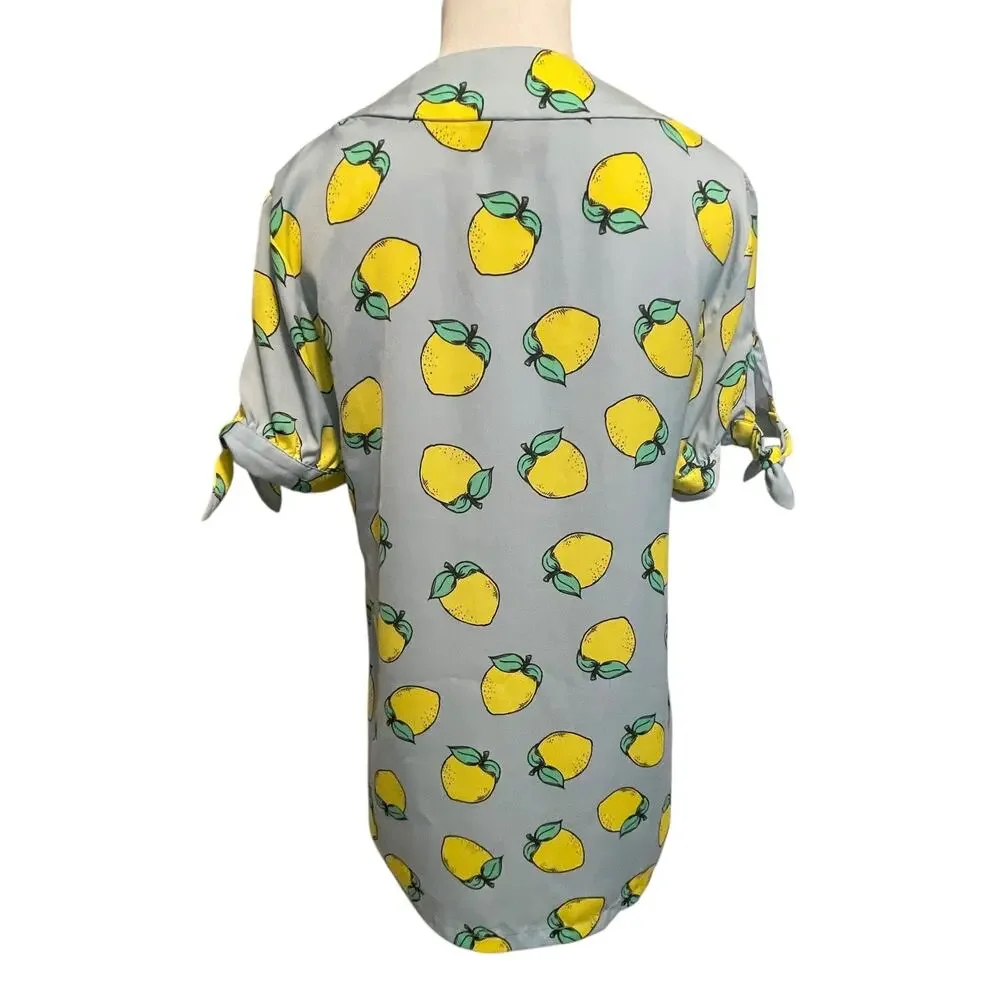 Modcloth Lemon Top Womens Medium Light Blue & Yellow V-Neck Novelty